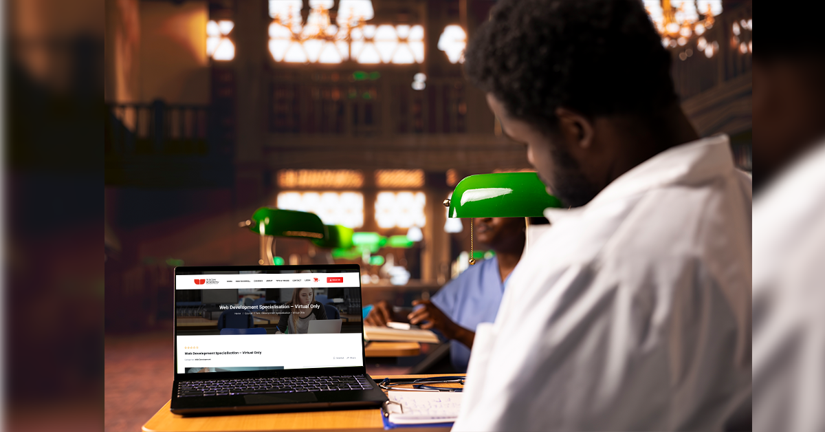 The image depicts a young man practising what he has learnt from his Macaw Academy digital marketing course.