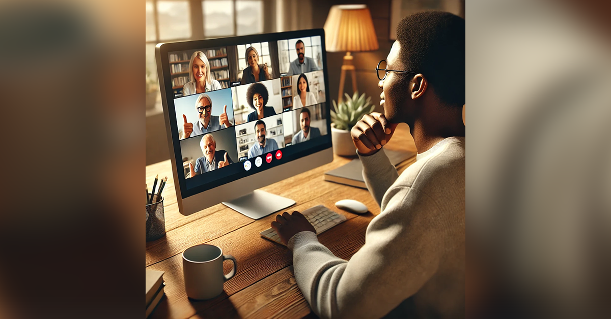 This image contains a young man in a digital meeting with other community members. 