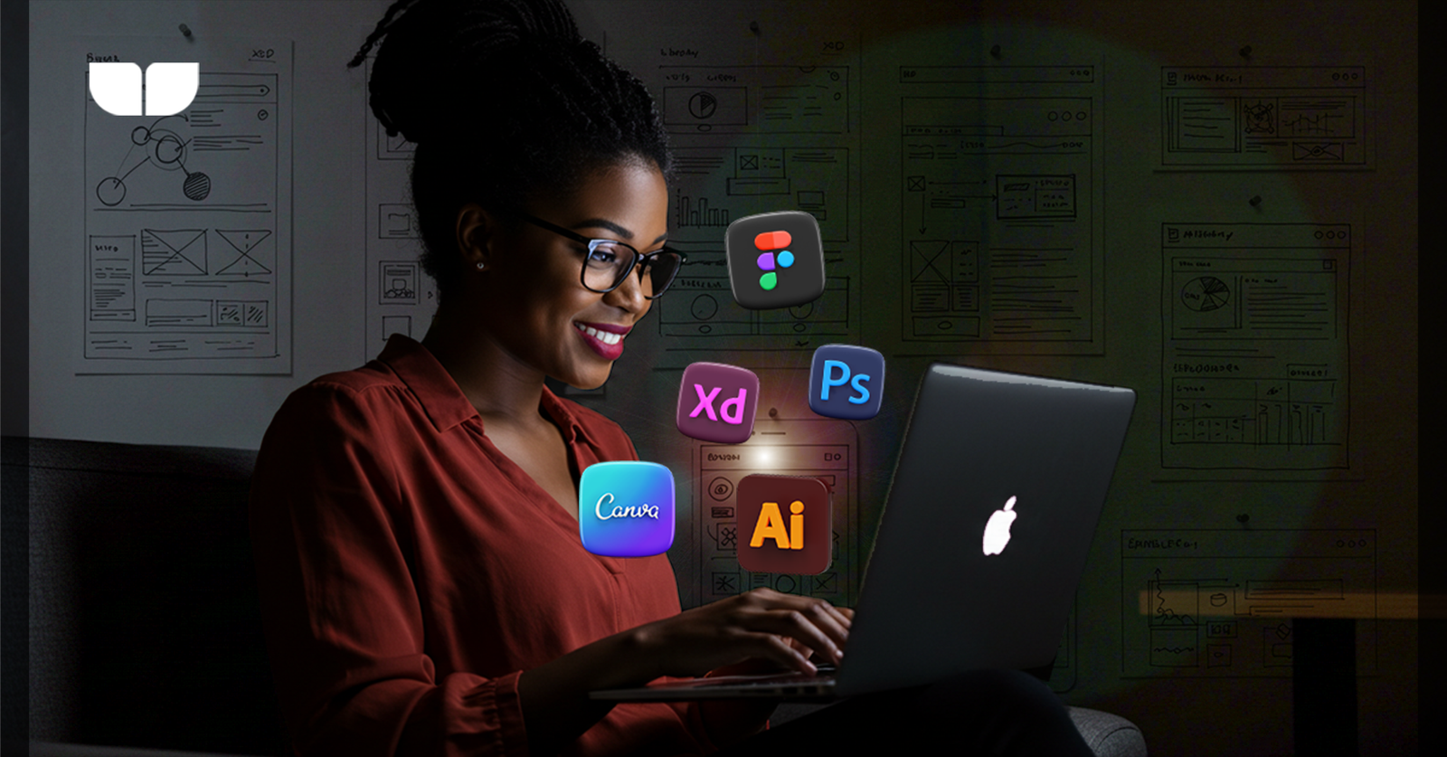 The Image displays icons of popular design apps such as Photoshop, Canva. 
