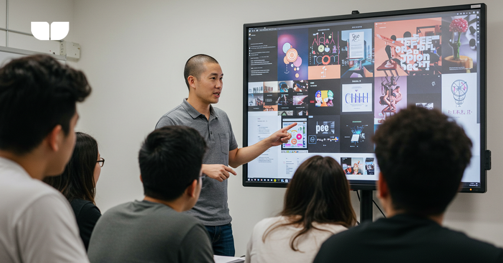 A team lead explaining the latest concepts in graphic design to his team. 