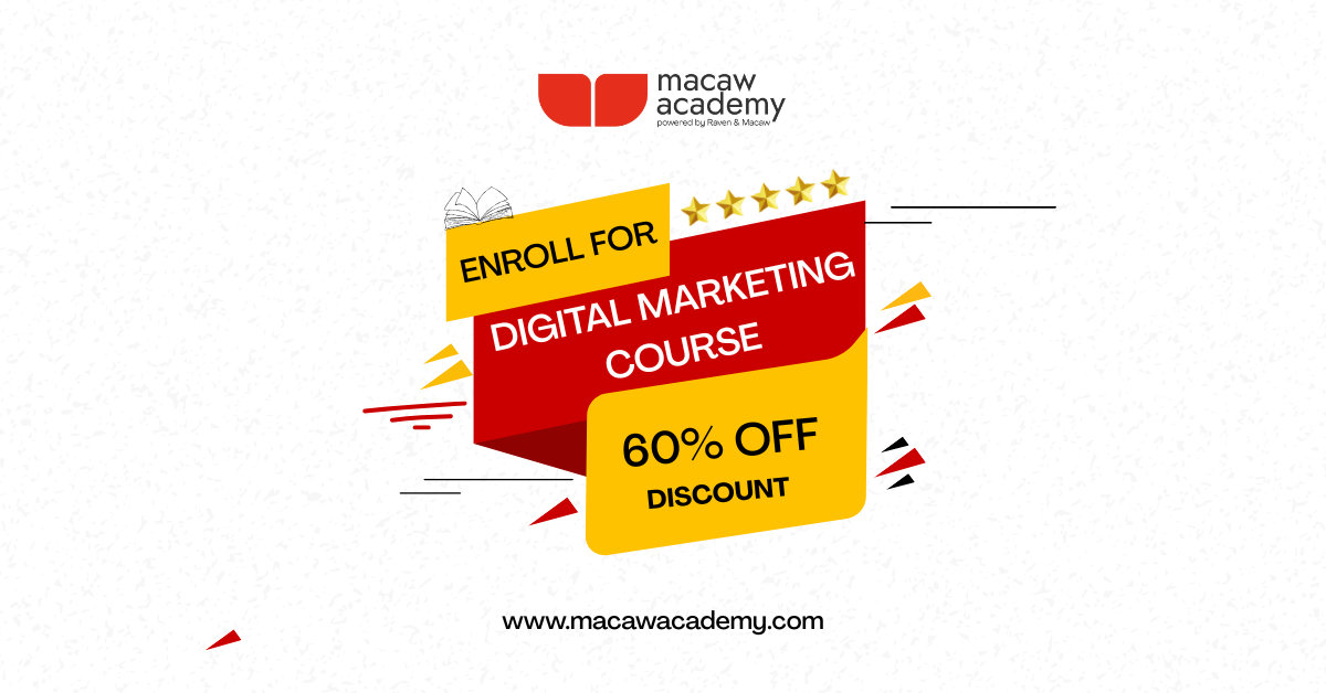 The image is a graphic of Macaw Academy's course discount promo